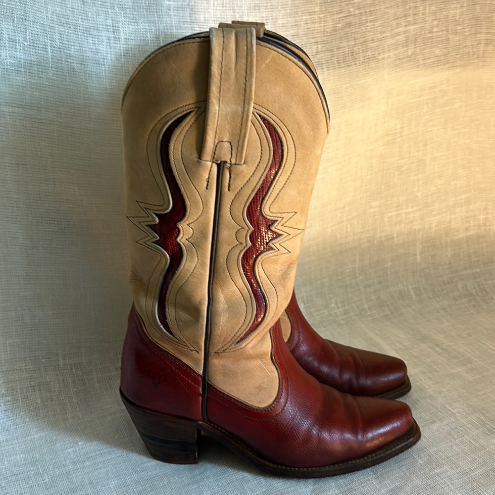 VTG Frye Red Tan Cowboy Western Nubuck Leather Boots Size 6 B #7040 Made USA